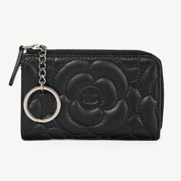 Chanel Black Caviar Leather Camellia-Embossed Key Holder - Picture 1 of 12